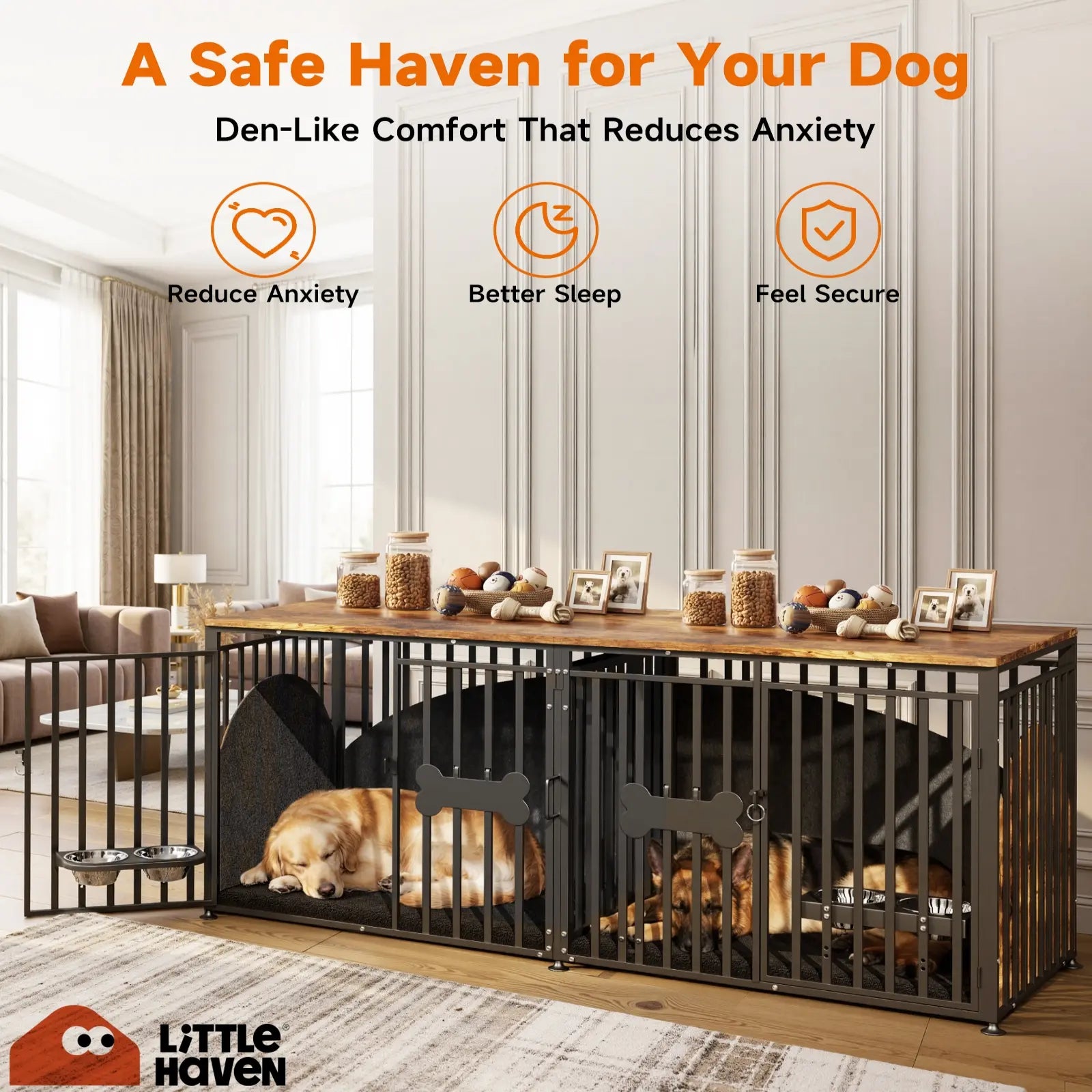 LITTLE HAVEN Heavy Duty Double Dog Crate TV Stand - Indestructible Wooden Indoor Pet House for Large Dogs with Calming Felt & Feeding Station